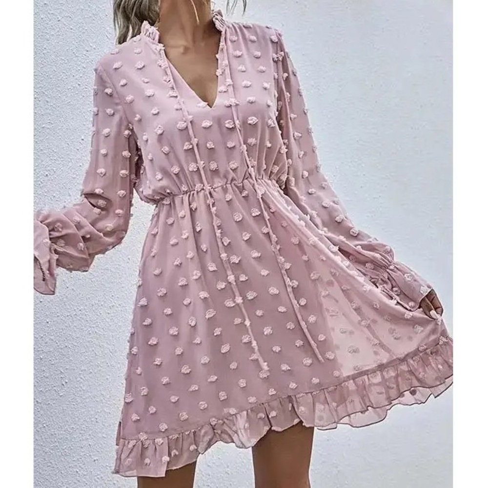 Swiss dot, long sleeve ruffle hem dress in blush!
